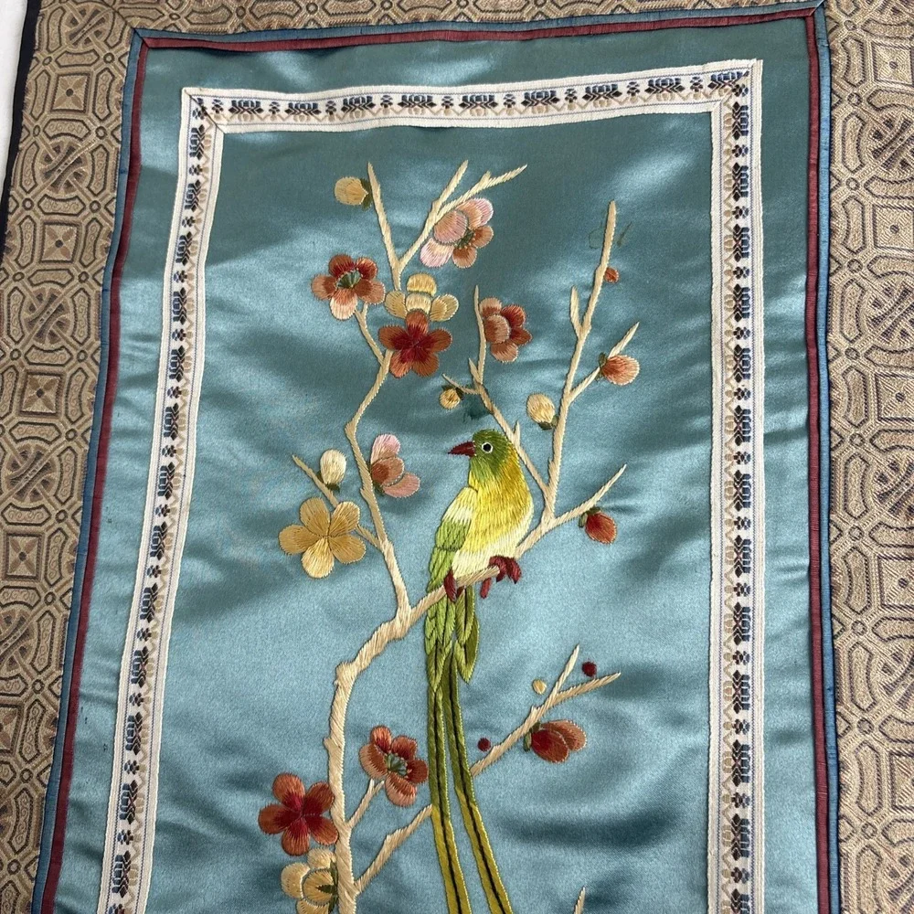 Vintage Chinese Silk Embroidery Panel Birds Teal Silk Metallic 11.5x25